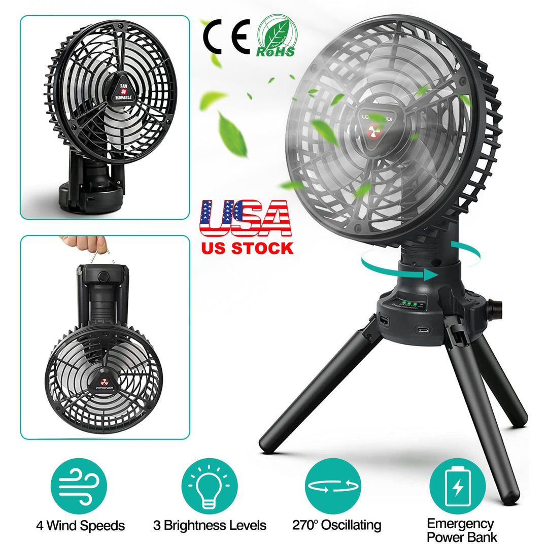 Foldable Camping Fan with Emergency Power Bank 270¡ Oscillating Rechargeable Tripod Fan for Hiking Fishing Personal Desk Fan with 4 Speeds 3 Brightnes