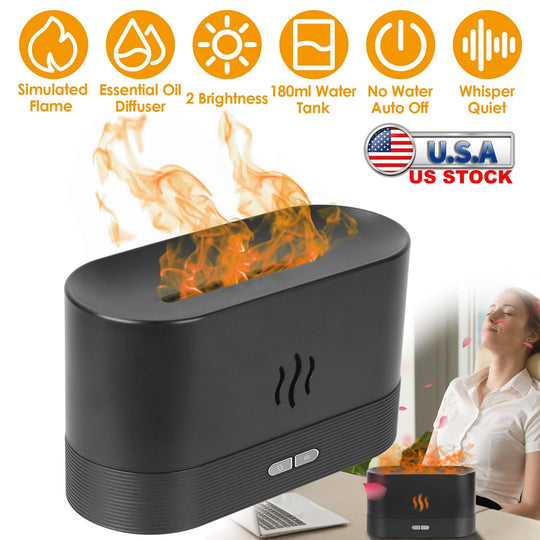 3D Flame Air Humidifier Essential Oil Ultrasonic Aroma Diffuser Bedroom Mist Home Spa Yoga Office Relax 2 Brightness with No Water Auto off Protection