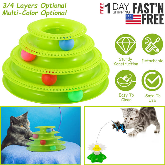 Cat Track Tower Toys 4-Layer Ball Track Interactive Cat Toys Electric Rotate Butterfly Birds