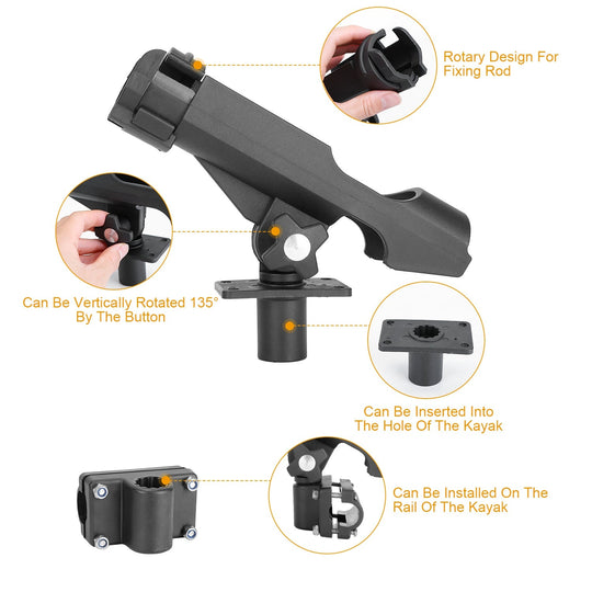 Boat Fishing Pole Rod Holder 360¡ Rotatable Kayak Side Rail Mount Adjustable Folding Rod Holder w/ Large Clamp