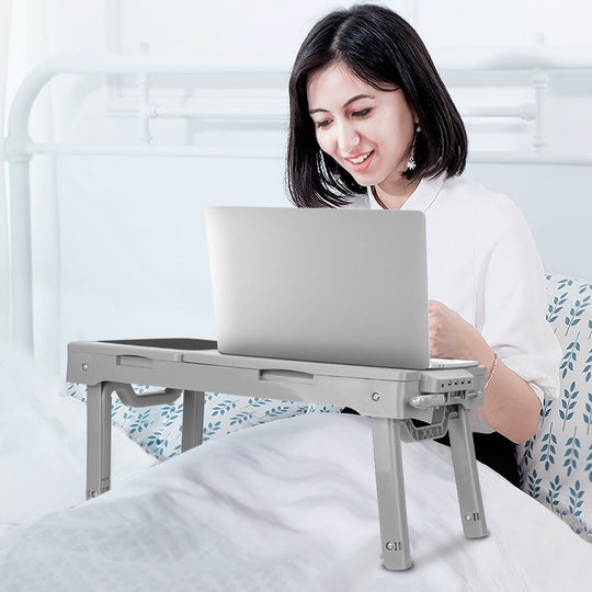 Foldable Laptop Table Bed Notebook Desk w/Cooling Fan Mouse Board LED light 4 x USB Ports Breakfast Snacking Tray with Storage Groove For Home Office
