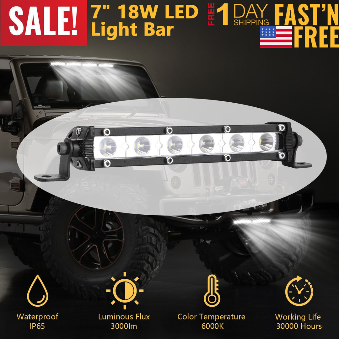 7" LED Light Bar Single Row Offroad Spot Lights 18W Ultra Slim Straight Work Light for Trailer Truck Bus Boat