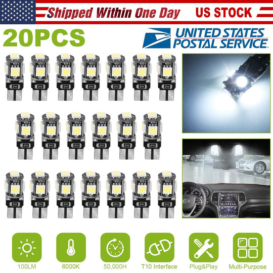 20Pcs T10 SMD5050 LED Light Bulbs 6000K Wedge Light Lamps Dome Map License Plate Car Interior Festoon Lights Kits
