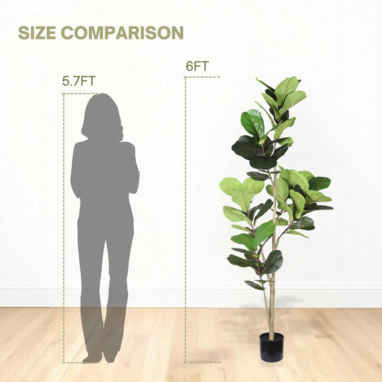 6FT Artificial Fiddle Leaf Fig Tree, Realistic Faux Fiddle Leaf Fig Plant with Fabric Leaves & Plastic Branches, Low Mai