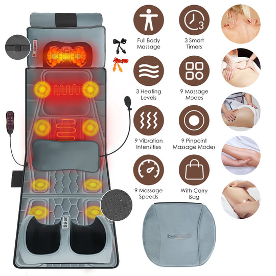 Flannel Full Body Massage Mat Multifunctional Massage Chair Pad with Heat Timer Shiatsu Neck Foot Massager Lumbar Pillow