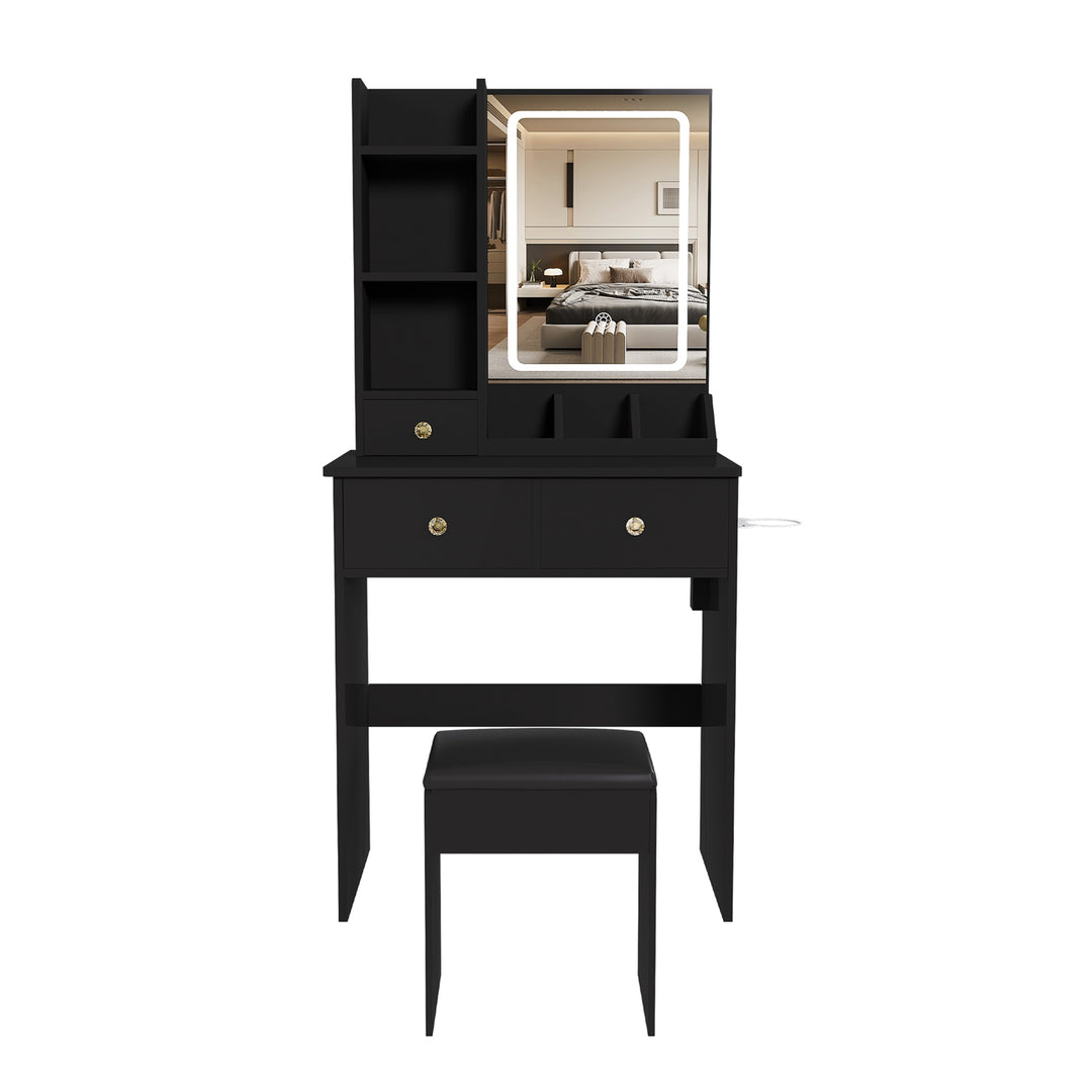 Vanity Desk Set Makeup Dressing Table with Stool, Lighted Mirror, 3 Drawers, 3 Open Shelves, 3 Open Cubbies, Power Stati