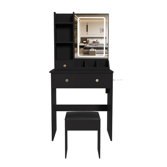 Vanity Desk Set Makeup Dressing Table with Stool, Lighted Mirror, 3 Drawers, 3 Open Shelves, 3 Open Cubbies, Power Stati