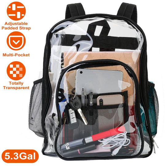 Clear Backpack Heavy Duty Transparent Book Bag Waterproof PVC Clear Backpack 5.3Gal with Reinforced Strap for College Workplace