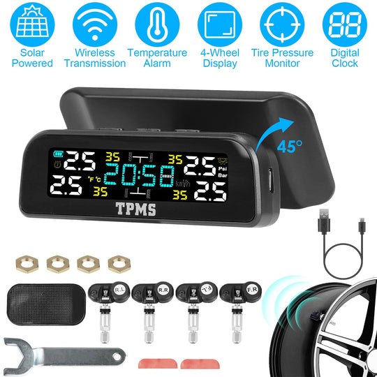 Wireless Solar Car Tire Pressure Monitoring System Auto Tire Pressure Monitor with Built-in Sensors Temperature Alarm for Car SUV Sedan RV