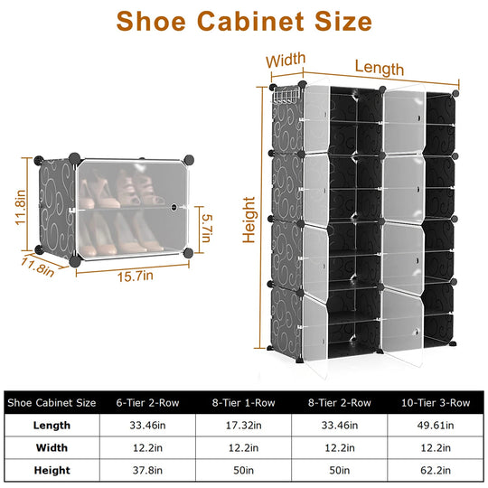 8-Tier Shoe Rack Organizer Stackable Free Standing Shoe Storage Shelf Plastic Shoe Cabinet Tower with Transparent Doors for Heels Boots Slippers Entry