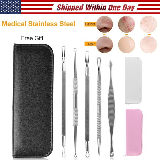 5 Pcs Blackhead Remover Kit Pimple Comedone Extractor Tool Set Stainless Steel Facial Acne Blemish Whitehead Popping Zit Removing for Nose Face Skin C