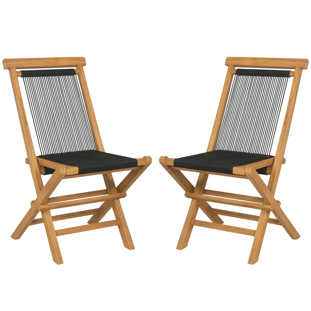 2 Piece Indonesia Teak Patio Folding Chairs with Woven Rope Seat and Back for Porch Backyard Poolside