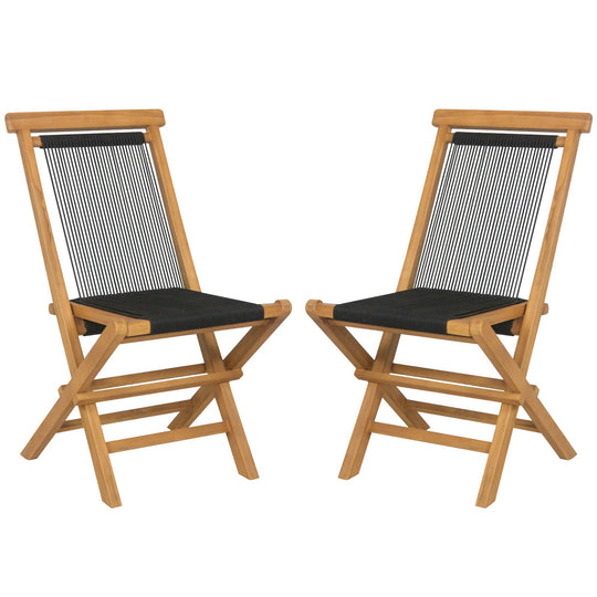 2 Piece Indonesia Teak Patio Folding Chairs with Woven Rope Seat and Back for Porch Backyard Poolside