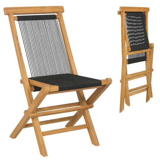 2 Piece Indonesia Teak Patio Folding Chairs with Woven Rope Seat and Back for Porch Backyard Poolside