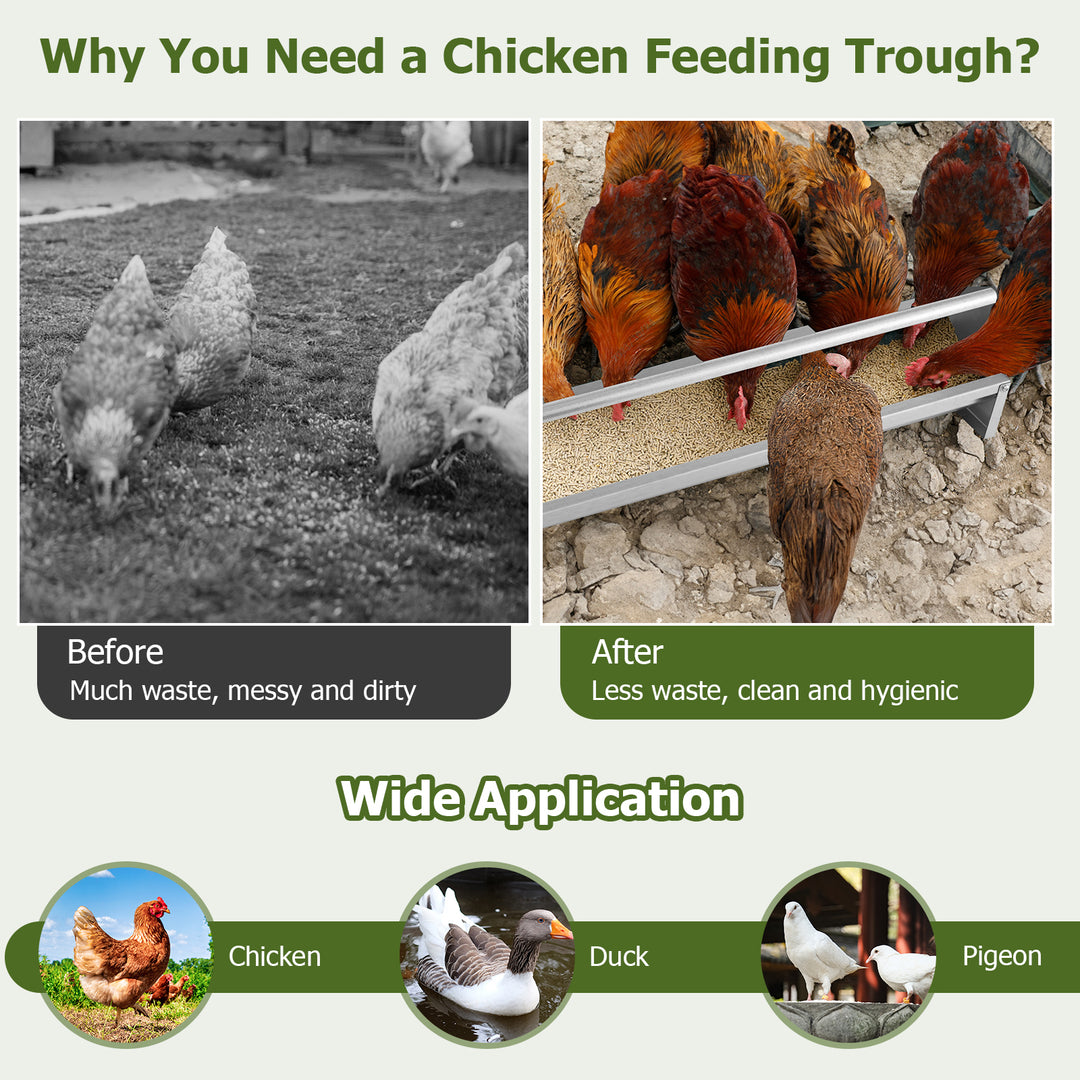 Metal Chicken Feeder Chicken Feeding Trough with Drainage Holes-Silver