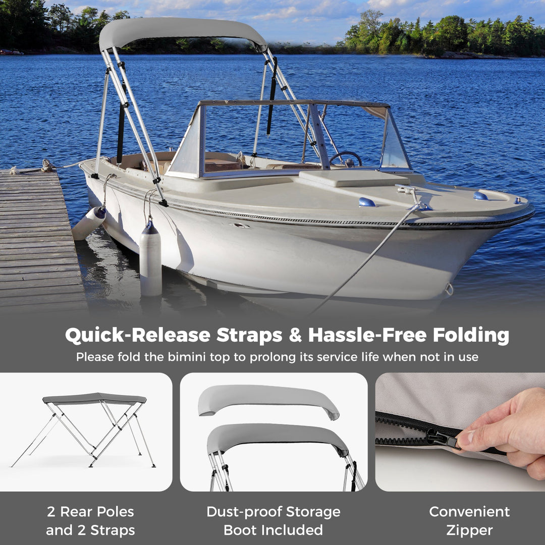 3-Bow Boat Bimini Top with Storage Boot - Gray