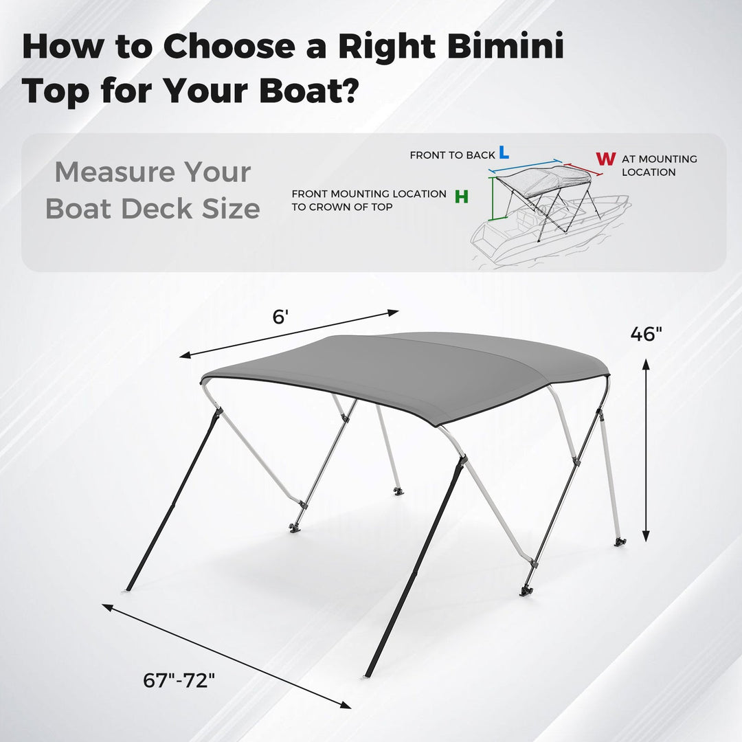 3-Bow Boat Bimini Top with Storage Boot - Gray