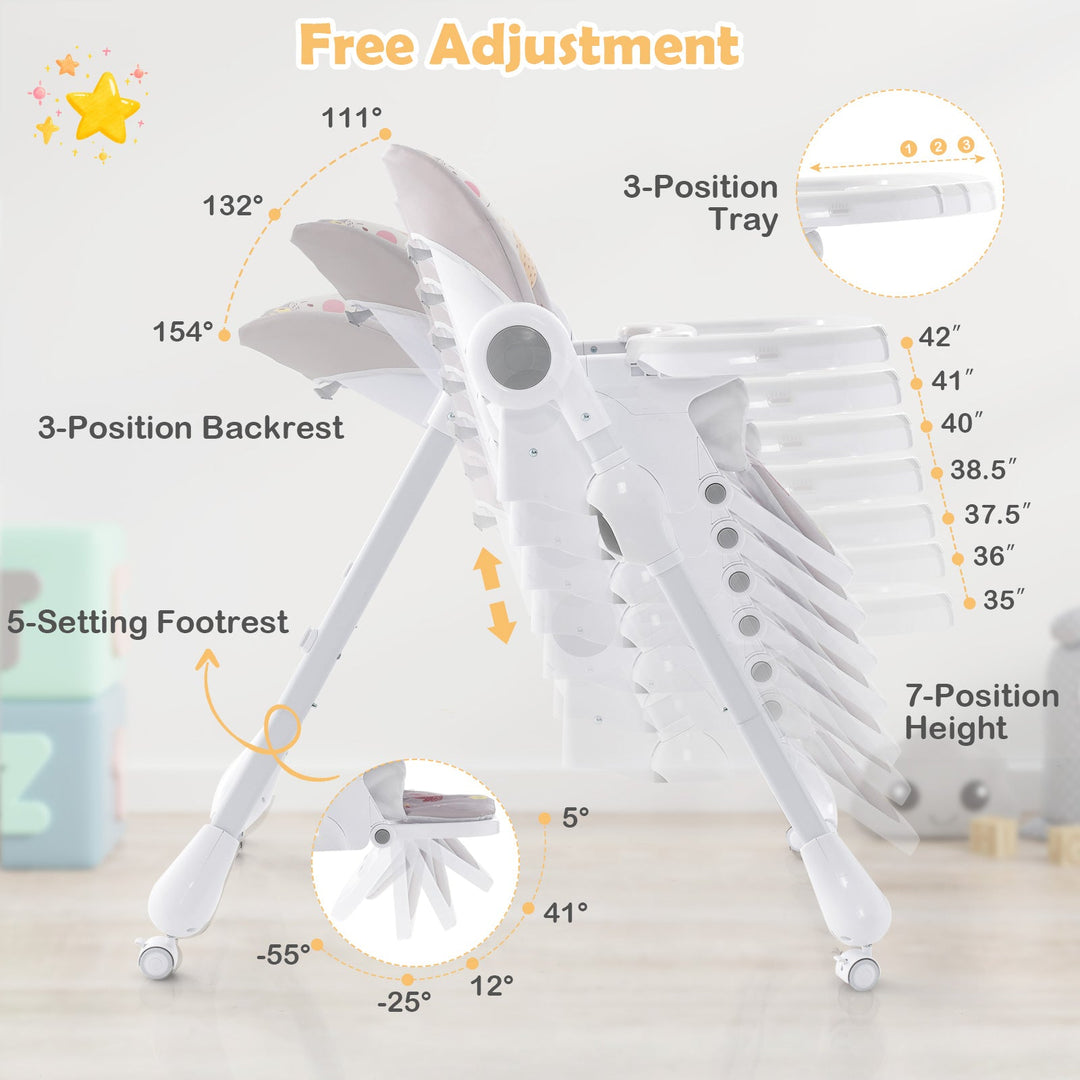 3-In-1 Convertible Highchair with Adjustable Height and 5-Point Safety Belt and Lockable Wheels