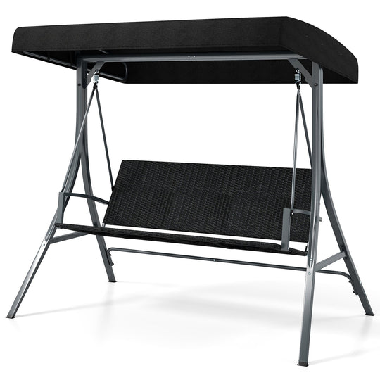 3-Person Porch Swing with Stand Outdoor Canopy Swing with Rattan Seat Back-Black