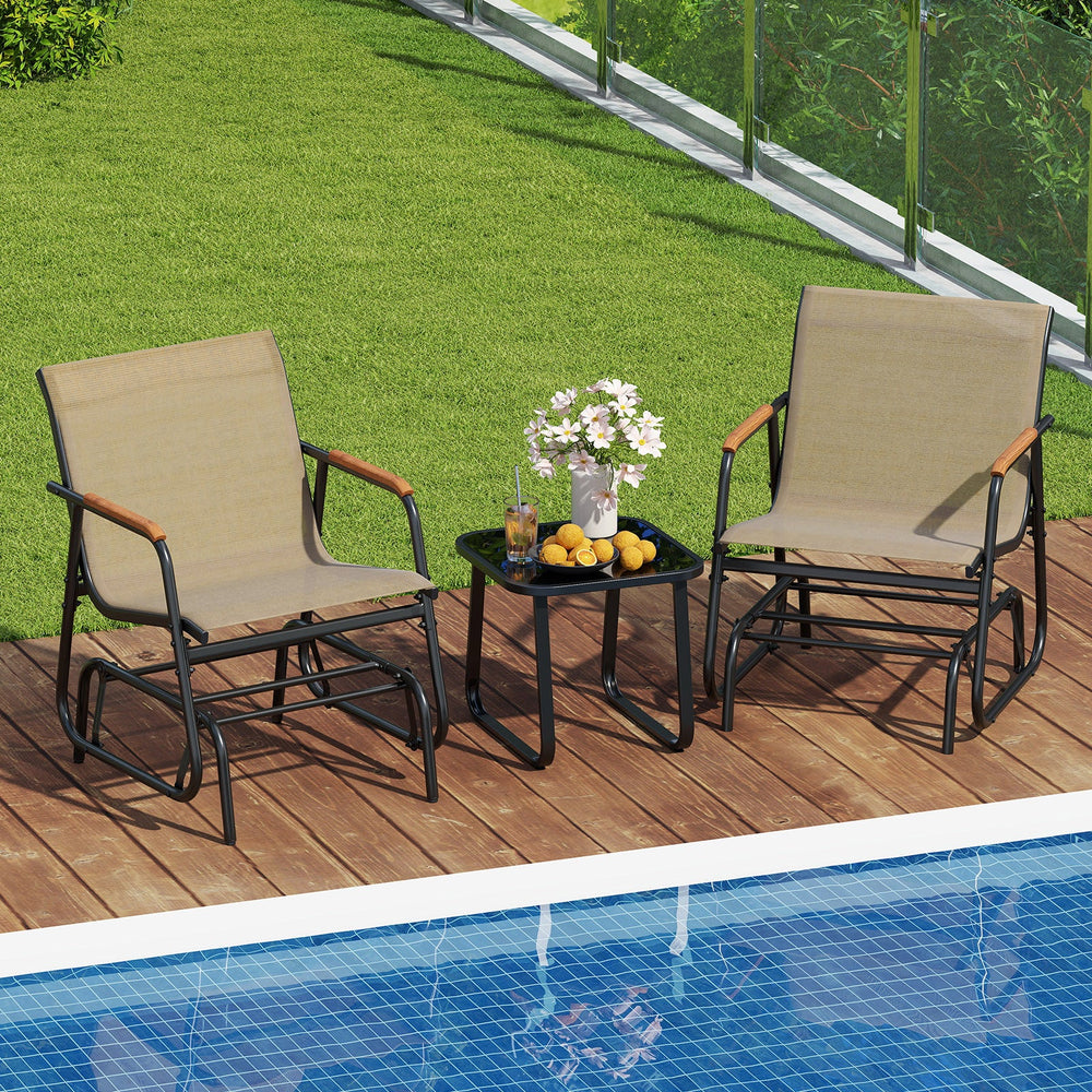 3-Piece Outdoor Glider Bistro Set with Tempered Glass Top and Metal Frame-Coffee