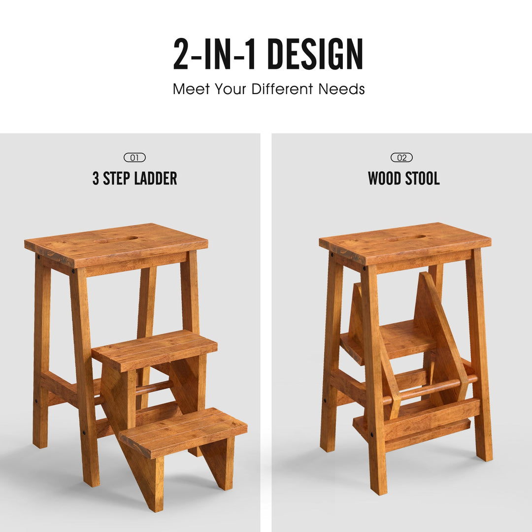 3-in-1 Rubber Wood Step Stool with Convenient Handle