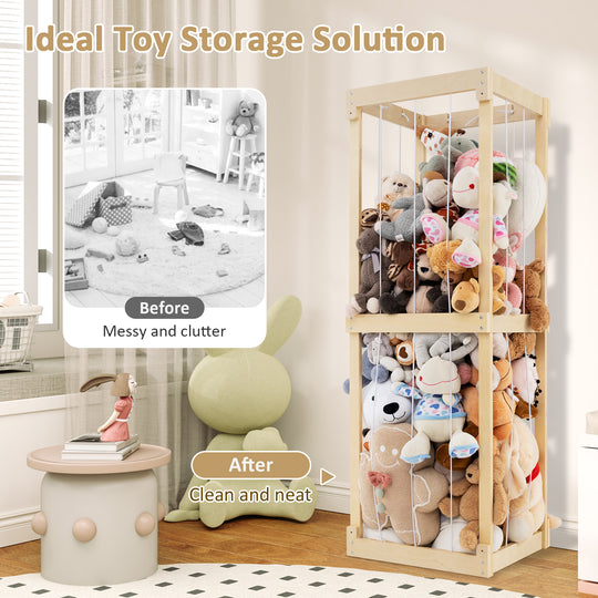 300L Large Stuffed Animal Storage with Open Top and Elastic Cords-Natural