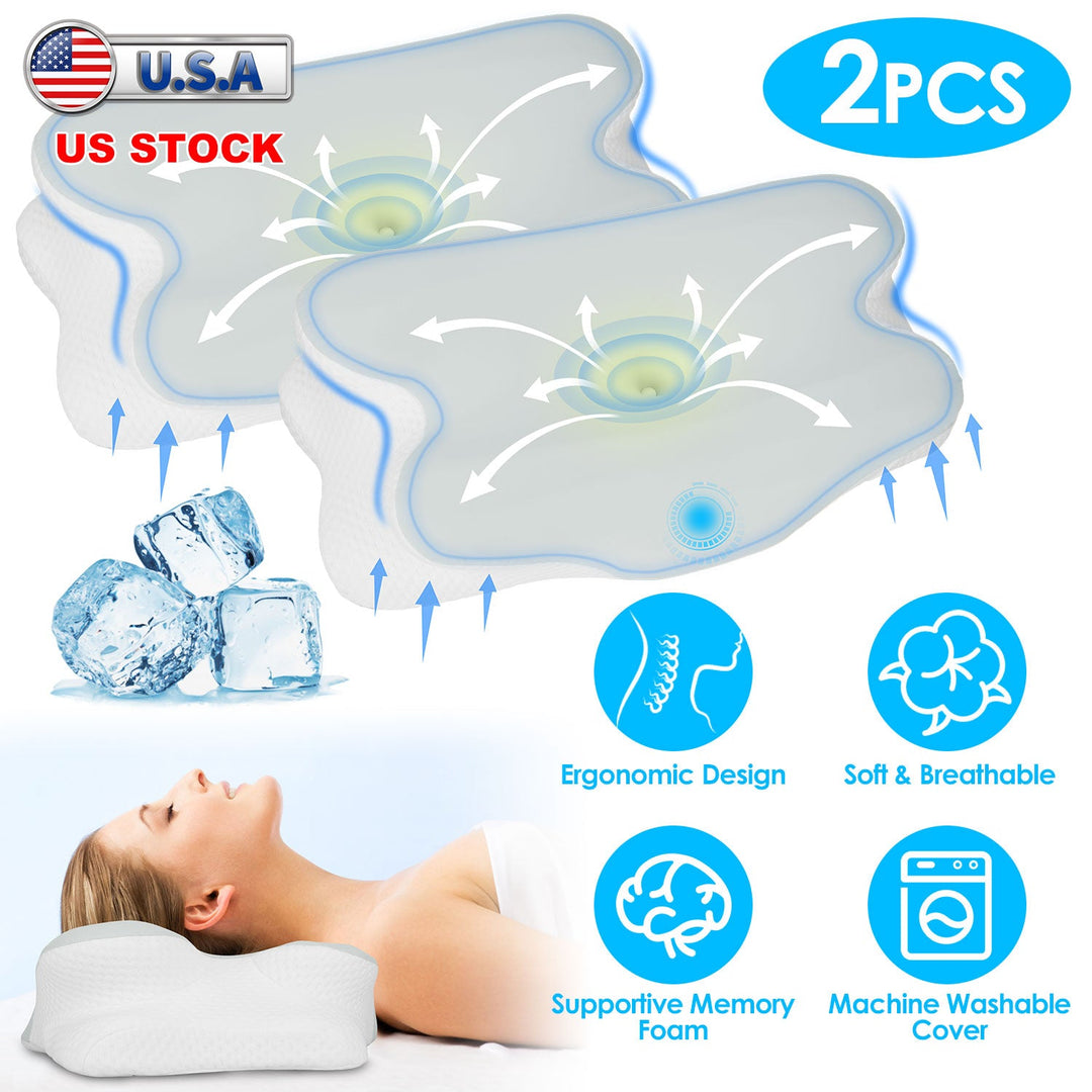 2 Pack Orthopedic Memory Foam Pillows with Cooling Case Neck Support Pillows with Machine Washable Case for Side Back Stomach Sleepers