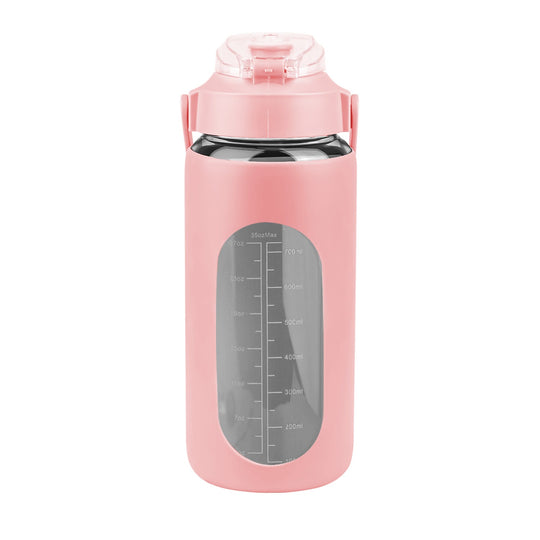 34Oz Glass Water Bottle Sports Water Bottle Motivational Water Bottle Water Intake Tracker Bottle with Straw Time Marker Silicone Sleeve Handle for Gy