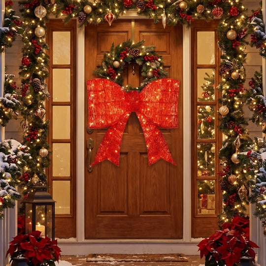 30" Christmas Lighted Bow Decoration Set of 2 with 120 Pre Lit Warm White LED Lights