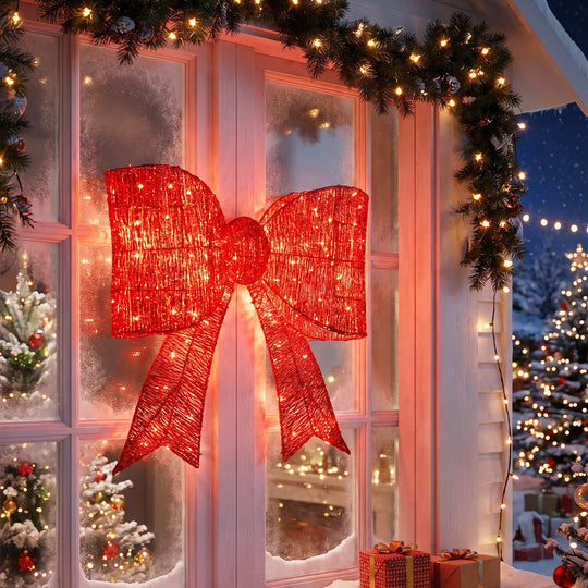 30" Christmas Lighted Bow Decoration Set of 2 with 120 Pre Lit Warm White LED Lights