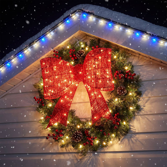 30" Christmas Lighted Bow Decoration Set of 2 with 120 Pre Lit Warm White LED Lights