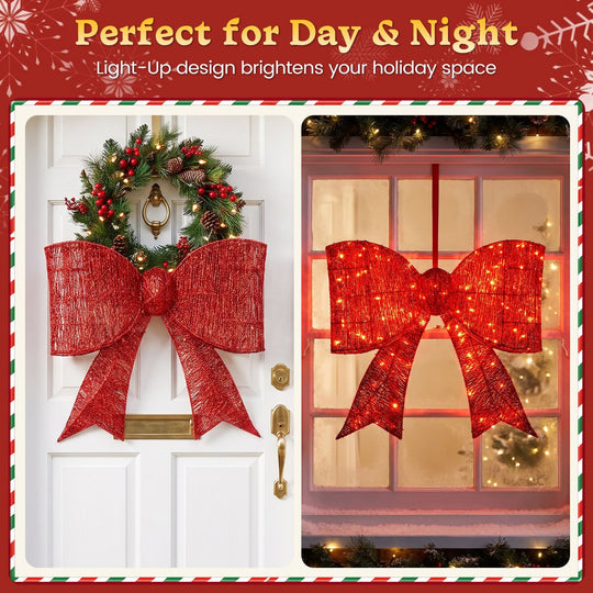 30" Christmas Lighted Bow Decoration Set of 2 with 120 Pre Lit Warm White LED Lights