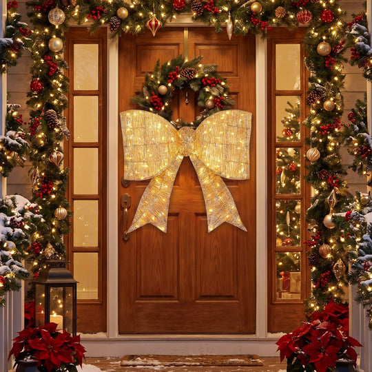 30" Christmas Lighted Bow Decoration Set of 2 with 120 Pre Lit Warm White LED Lights