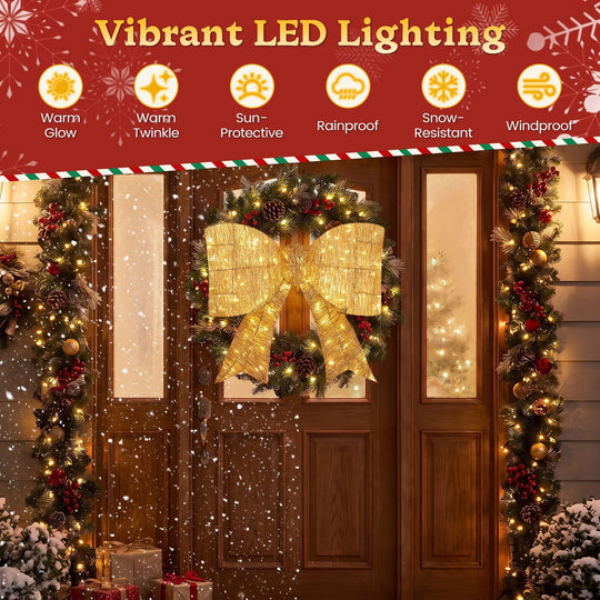 30" Christmas Lighted Bow Decoration Set of 2 with 120 Pre Lit Warm White LED Lights