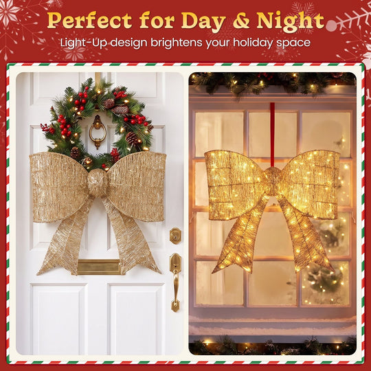 30" Christmas Lighted Bow Decoration Set of 2 with 120 Pre Lit Warm White LED Lights