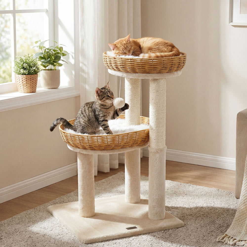 30-Inch Cat Tower with 2 Rattan Cat Baskets for Indoor Kittens