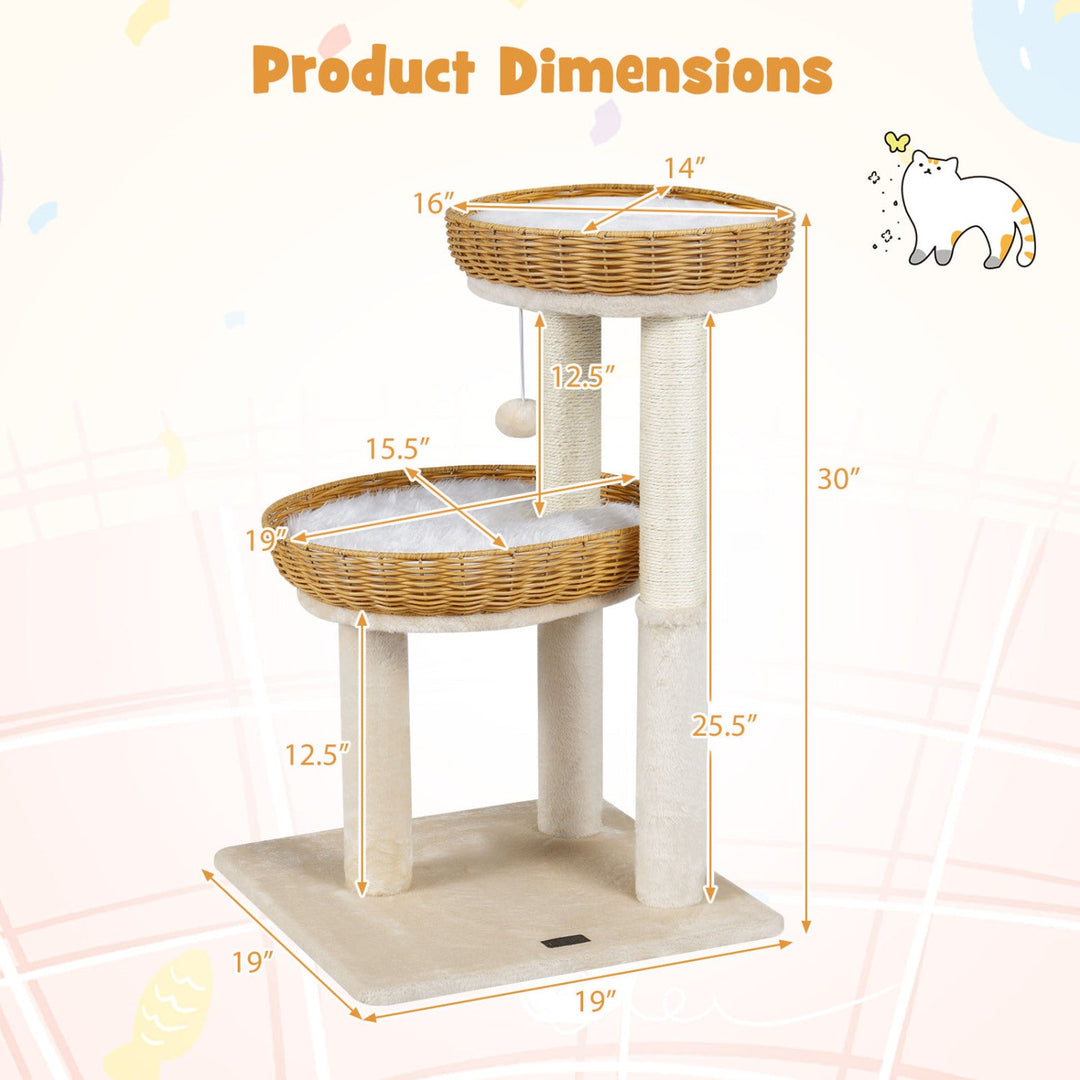 30-Inch Cat Tower with 2 Rattan Cat Baskets for Indoor Kittens