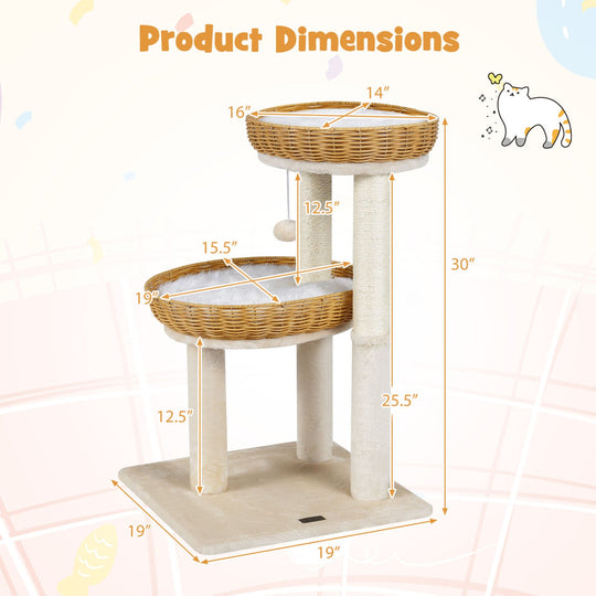 30-Inch Cat Tower with 2 Rattan Cat Baskets for Indoor Kittens