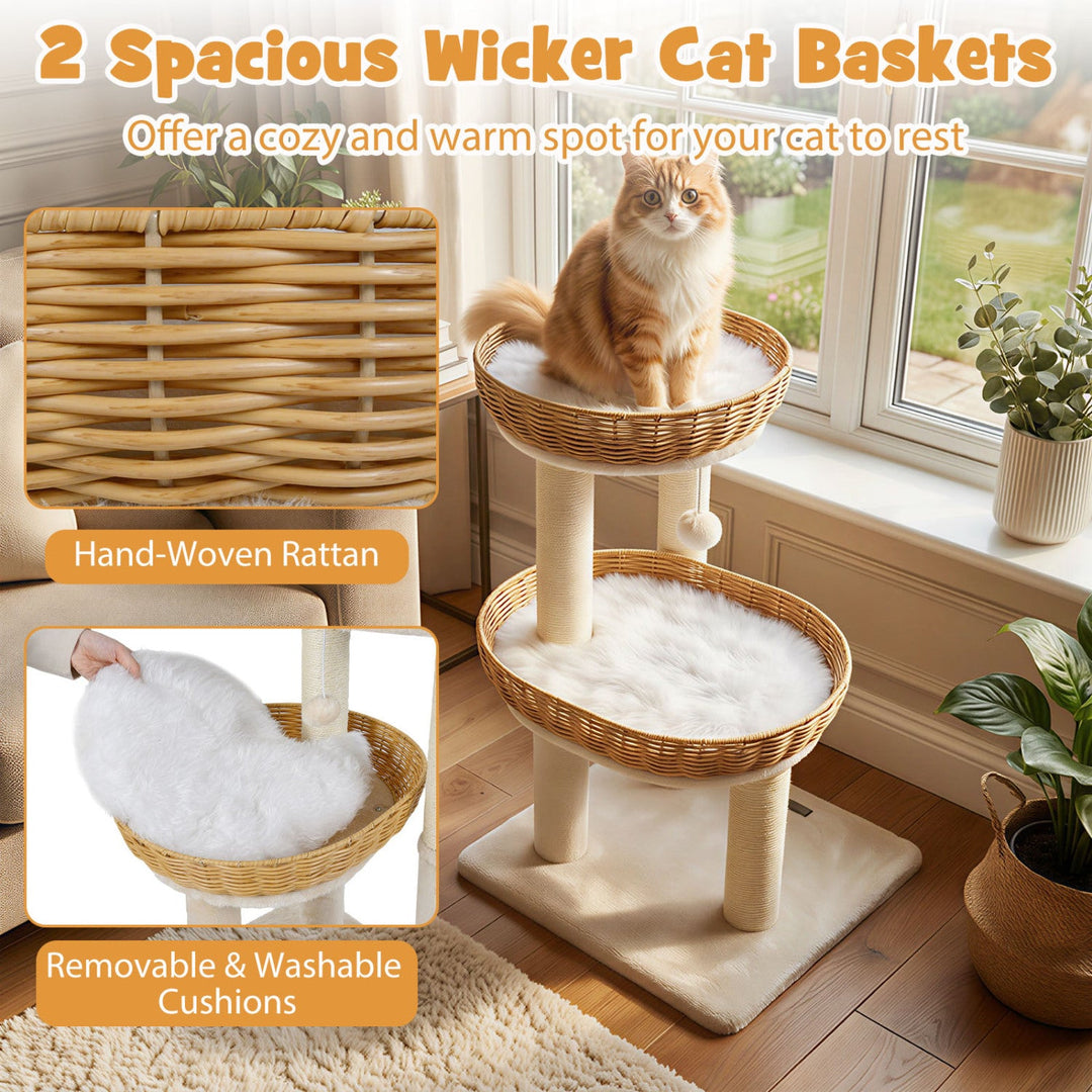 30-Inch Cat Tower with 2 Rattan Cat Baskets for Indoor Kittens