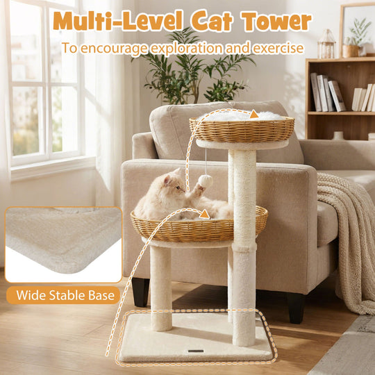 30-Inch Cat Tower with 2 Rattan Cat Baskets for Indoor Kittens