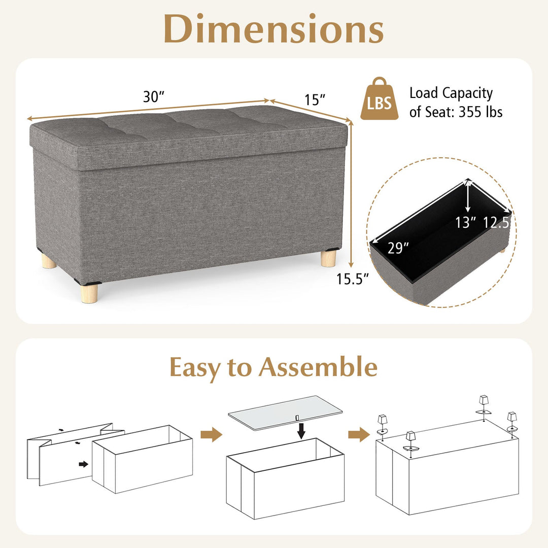 30 Inches Storage Ottoman Bench with Tray and Rubber Wood Legs-Gray