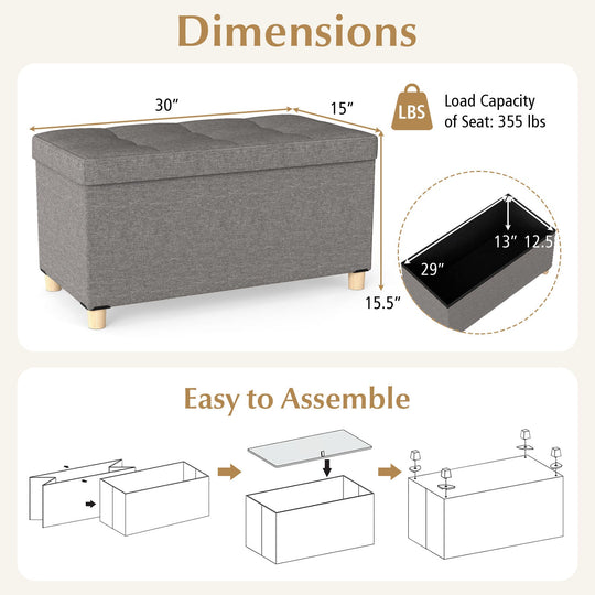 30 Inches Storage Ottoman Bench with Tray and Rubber Wood Legs-Gray