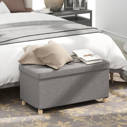 30 Inches Storage Ottoman Bench with Tray and Rubber Wood Legs-Gray