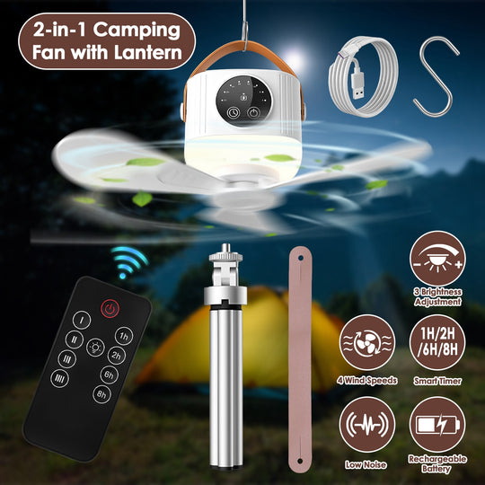 Rechargeable Tent Ceiling Fan with LED Light & Remote