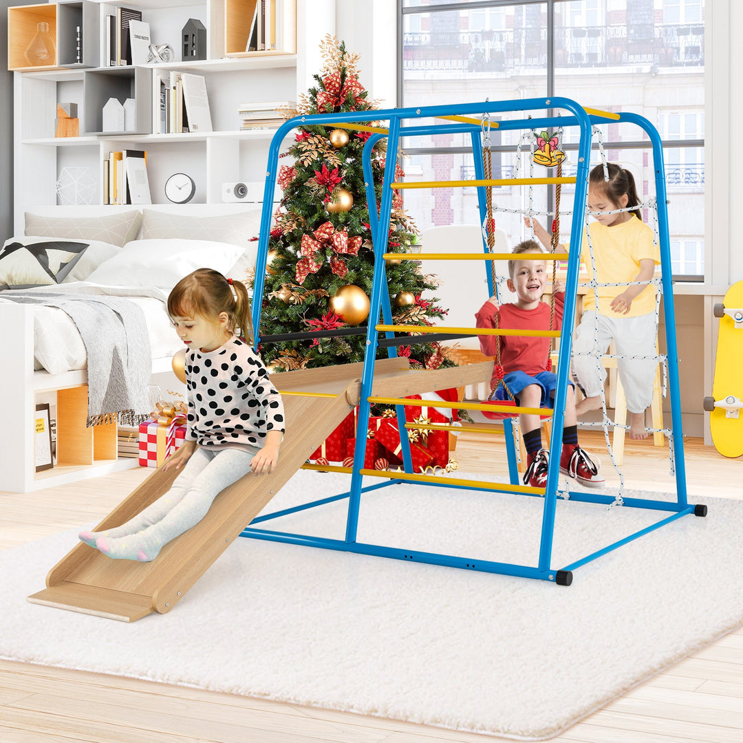 6-in-1 Indoor Jungle Gym with Slide for Boys and Girls 3+ Years Old-Blue