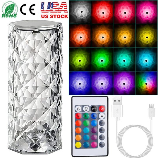 Crystal Diamond Rose Table Lamp Dimmable Remote Touch Control Beside LED Night Light Rechargeable 16 Color Change Atmosphere Bar Lamp