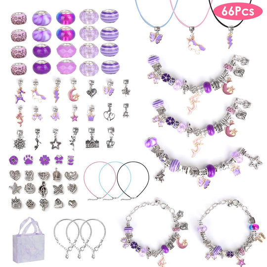 66Pcs Charm Bracelet Making Kit Kids\' Jewelry Necklace Making Kits Colorful DIY Charm Beads Pendant SetÊJewelry Decor Supplies with Gift Box for 5-12