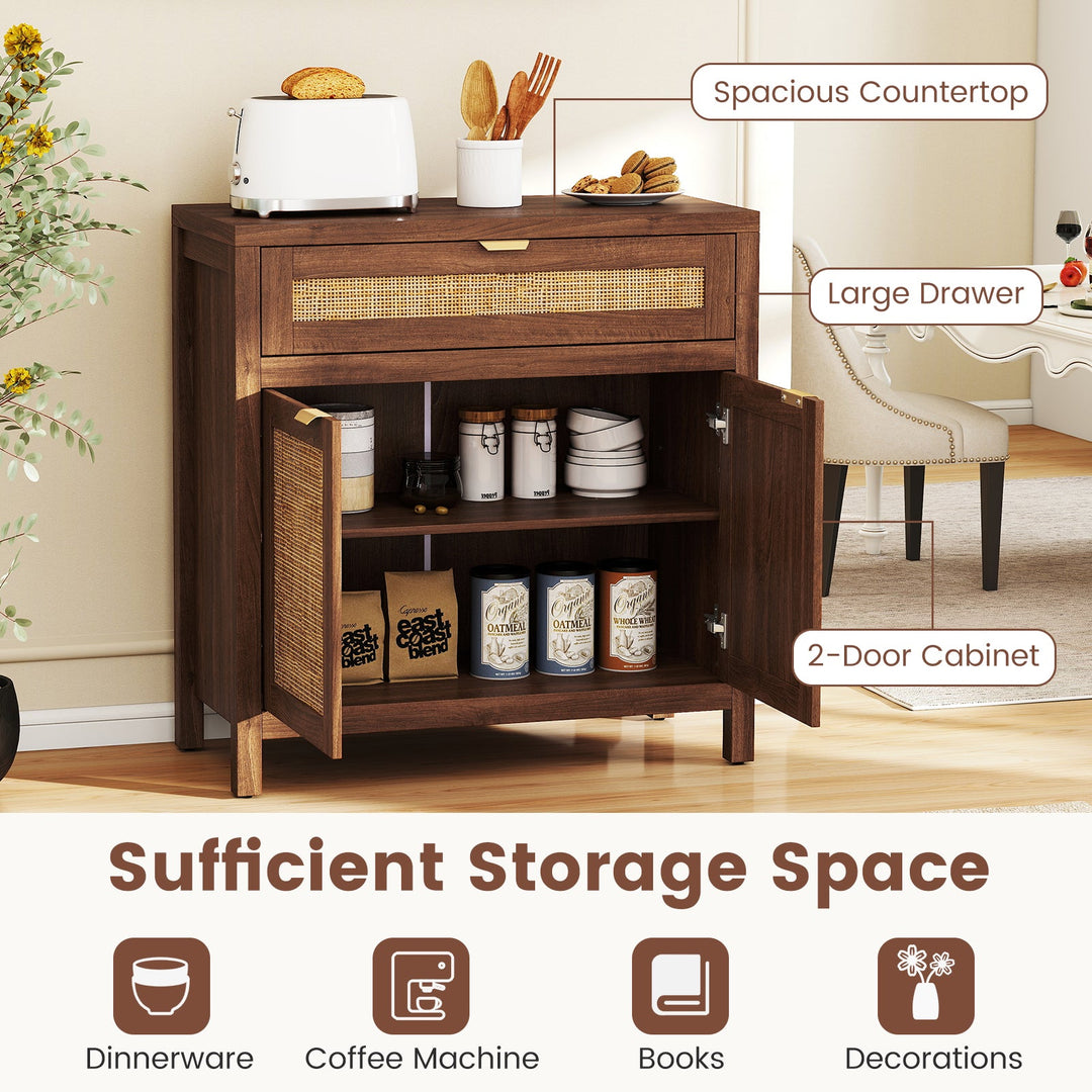 Sideboard Storage Cabinet with Rattan Doors and Drawer-Brown