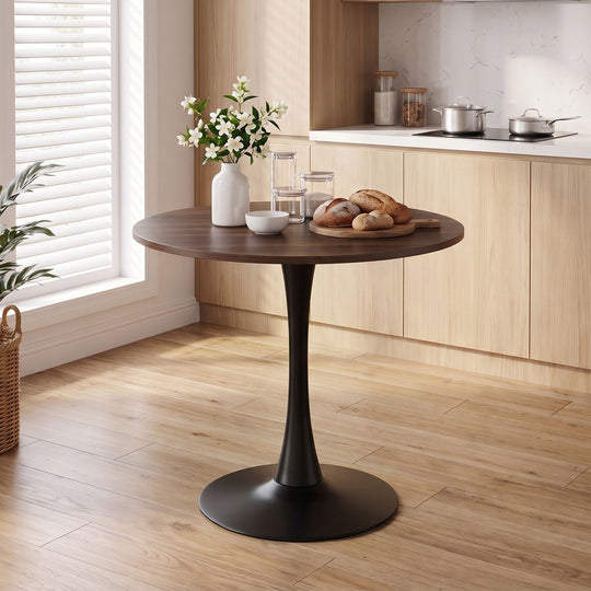 31.5-Inch Tulip Table for 2-4 with Thickened Table and Metal Pedestal for Small Spaces-Walnut