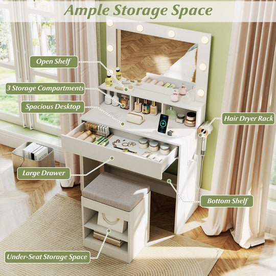 Vanity Table Set with Lighted Mirror and Cushion Stool